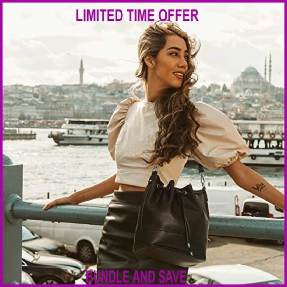 Leather Bucket Bag with Drawstring Closure and 2 Detachable Straps - Picture 5 of 8